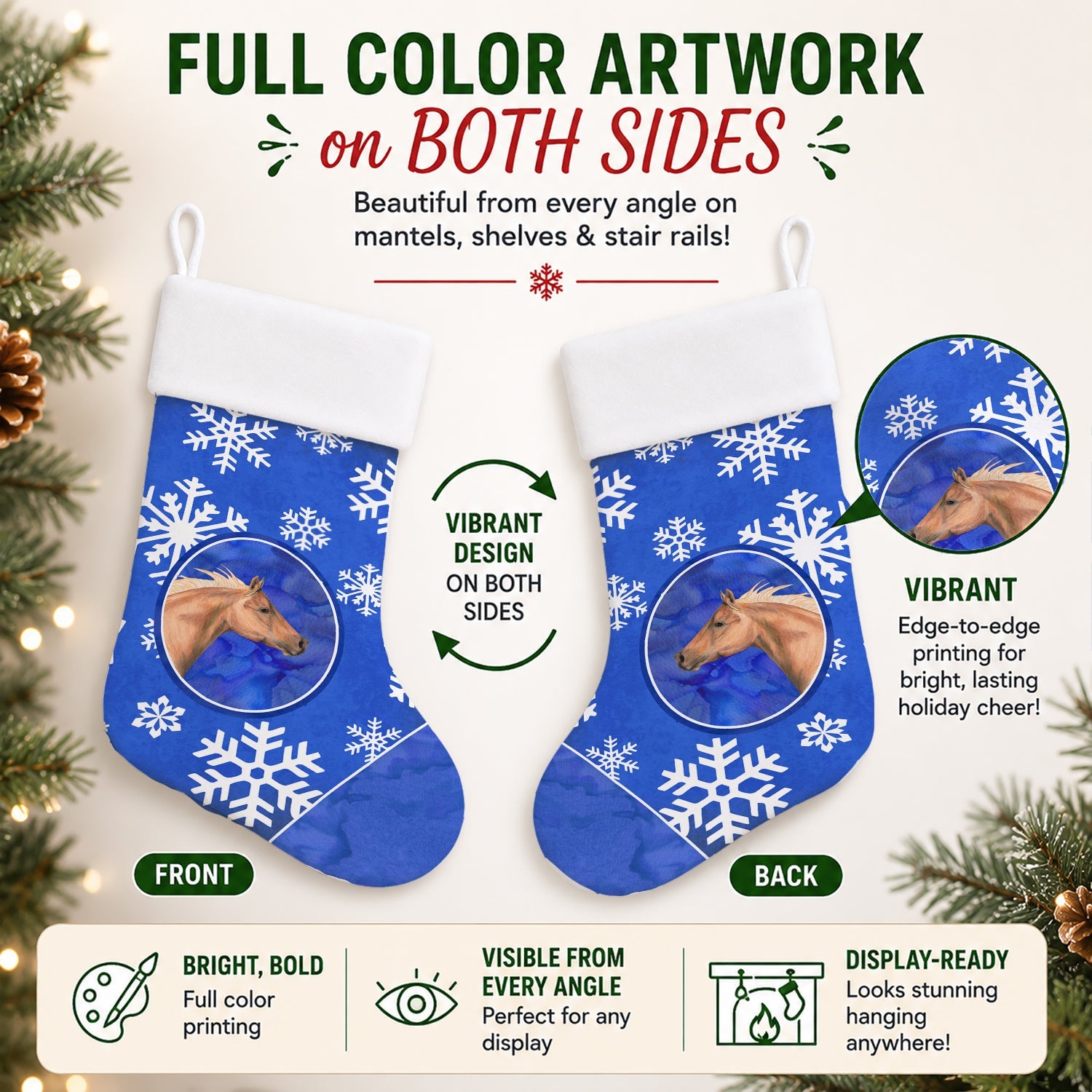 Horse Winter Snowflakes Holiday Holiday Stocking Double-Sided Print, Polyester Suede,11x18, Made in USA