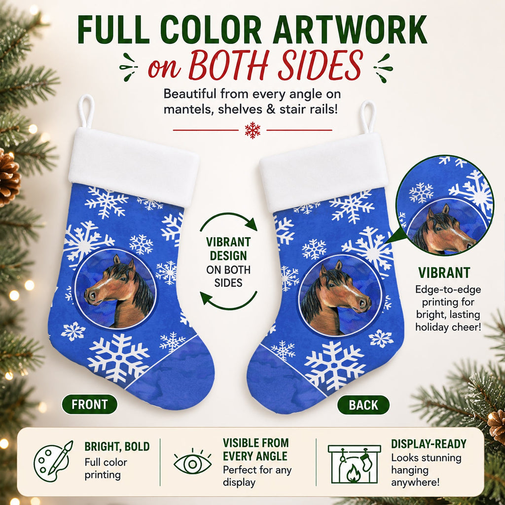 Horse Winter Snowflakes Holiday Holiday Stocking Double-Sided Print, Polyester Suede,11x18, Made in USA