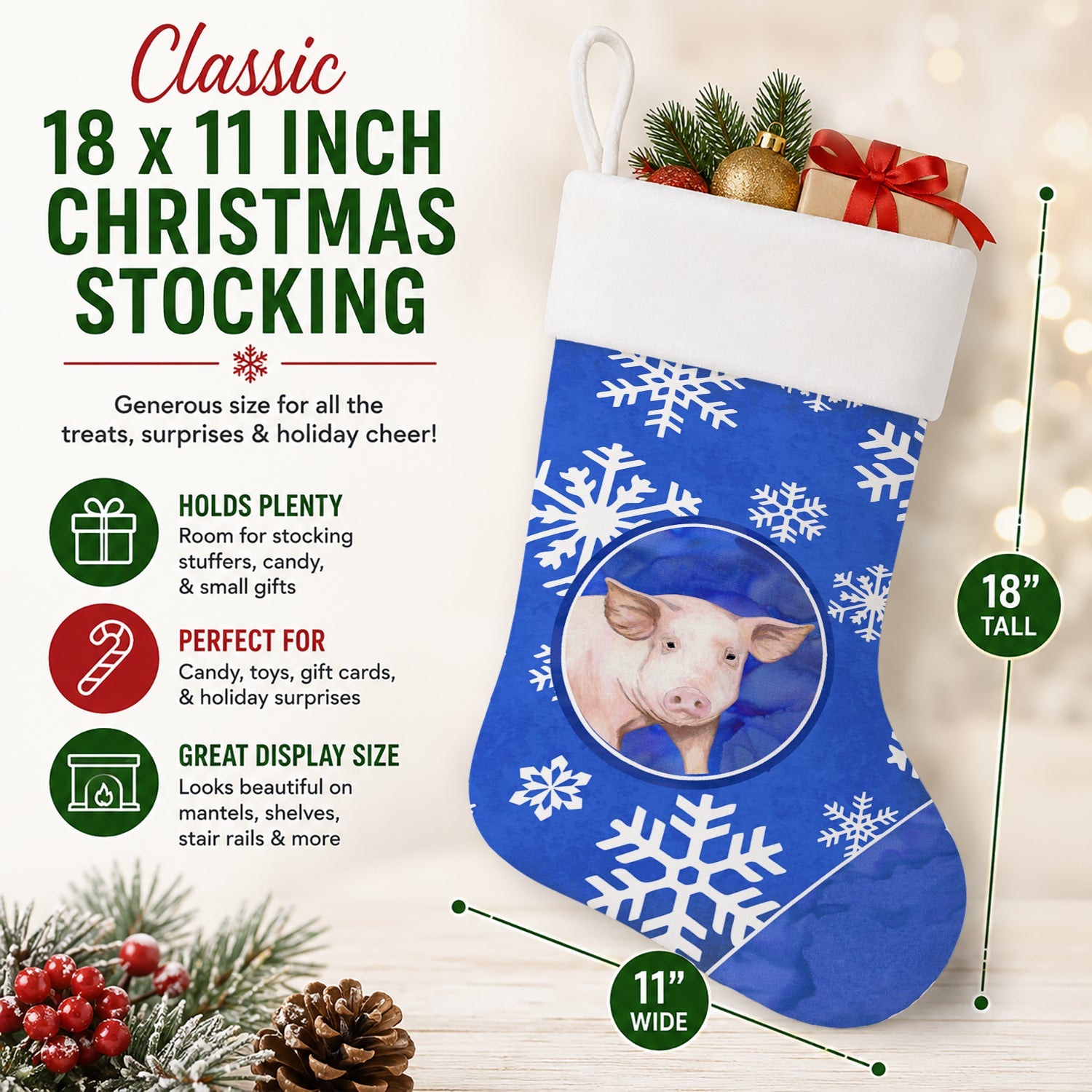 Pig Winter Snowflakes Holiday Holiday Stocking Double-Sided Print, Polyester Suede,11x18, Made in USA