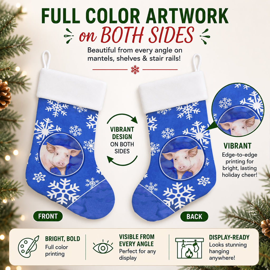 Pig Winter Snowflakes Holiday Holiday Stocking Double-Sided Print, Polyester Suede,11x18, Made in USA