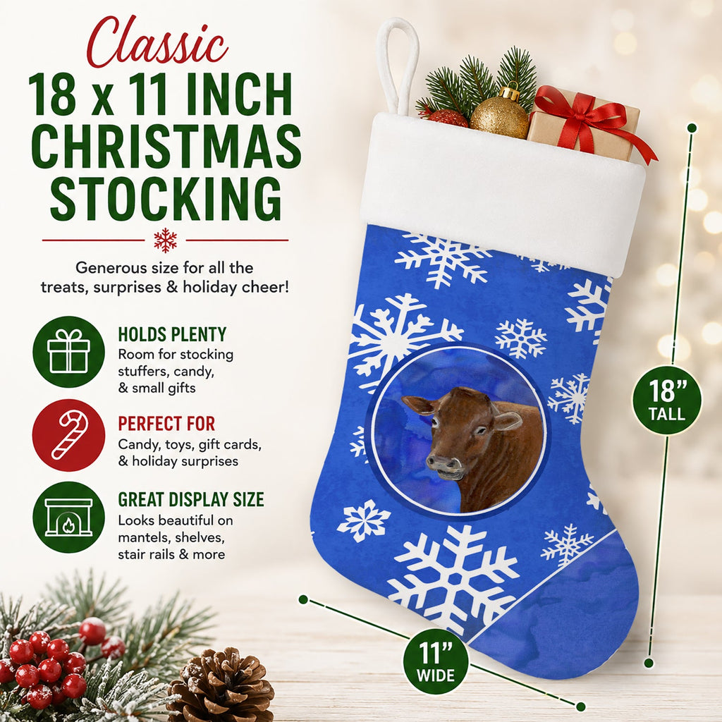 Cow Winter Snowflakes Holiday Holiday Stocking Double-Sided Print, Polyester Suede,11x18, Made in USA
