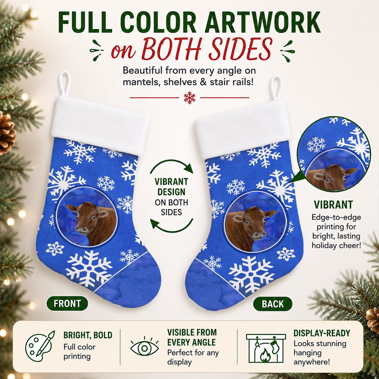 Cow Winter Snowflakes Holiday Holiday Stocking Double-Sided Print, Polyester Suede,11x18, Made in USA