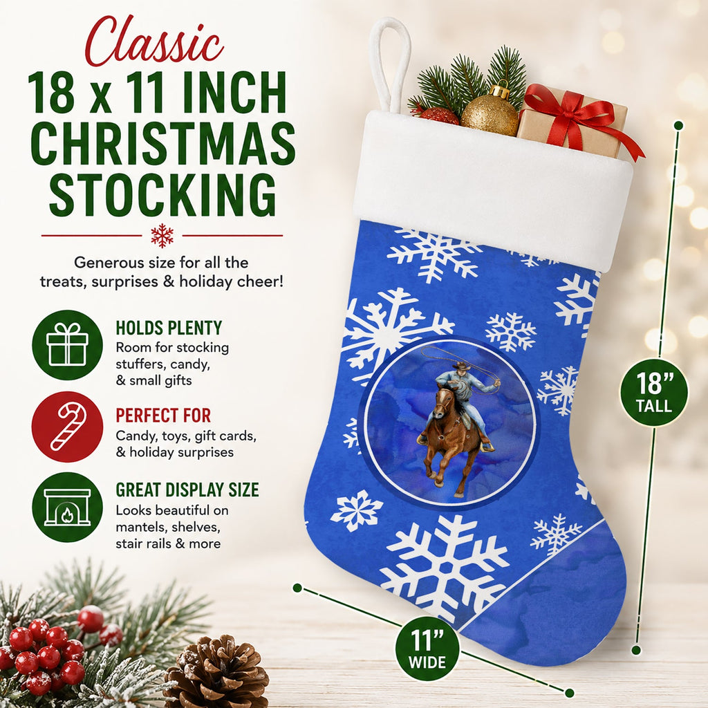 Horse Roper Winter Snowflakes Holiday Holiday Stocking Double-Sided Print, Polyester Suede,11x18, Made in USA