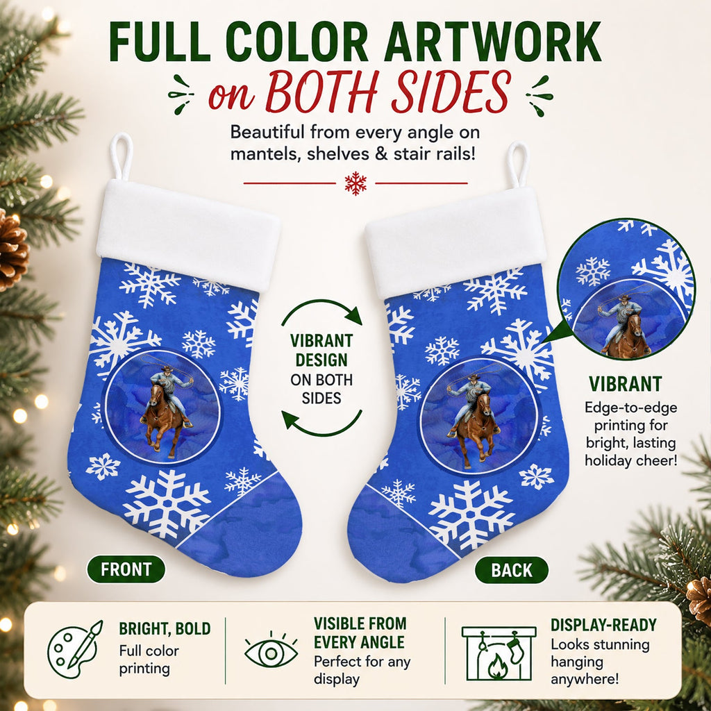 Horse Roper Winter Snowflakes Holiday Holiday Stocking Double-Sided Print, Polyester Suede,11x18, Made in USA
