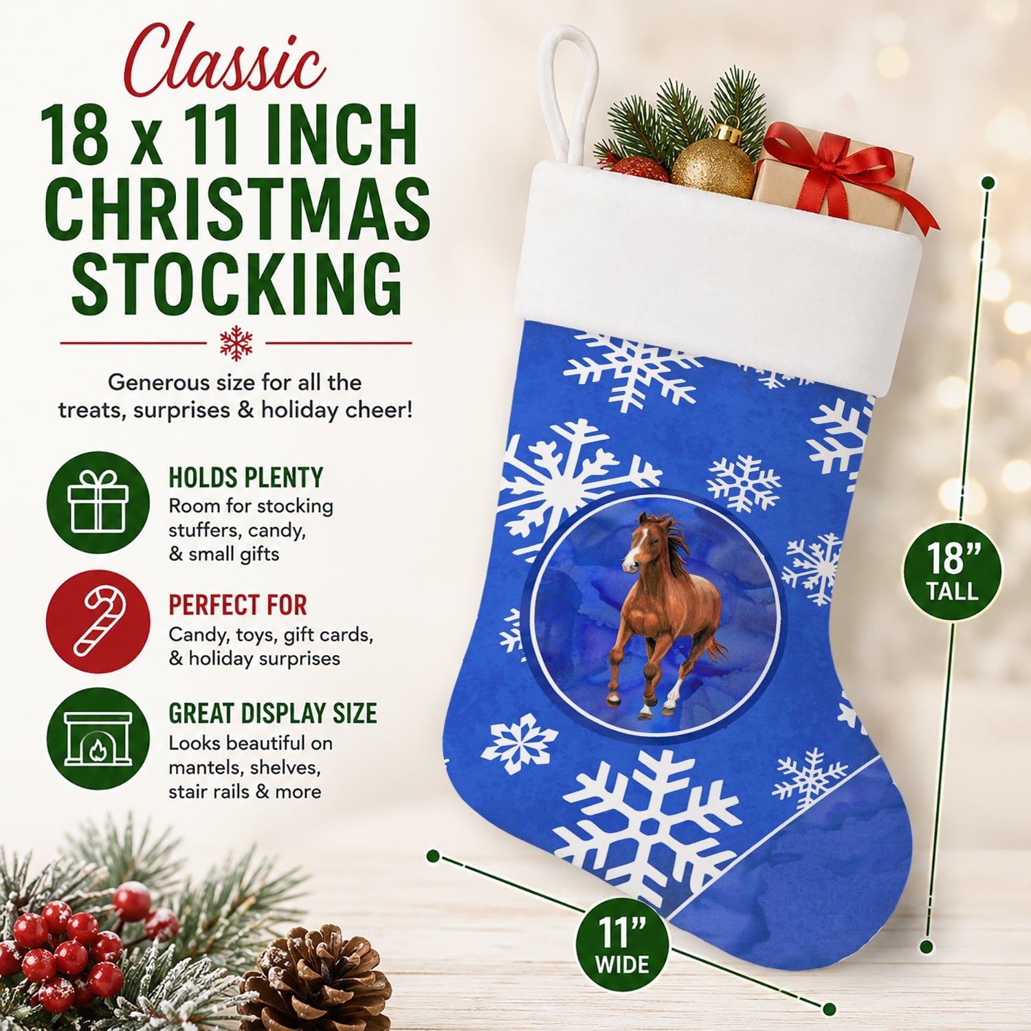 Horse Winter Snowflakes Holiday Holiday Stocking Double-Sided Print, Polyester Suede,11x18, Made in USA