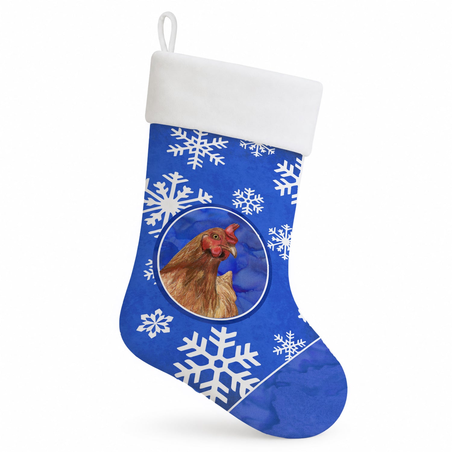 Chicken Winter Snowflakes Holiday Holiday Stocking Double-Sided Print, Polyester Suede,11x18, Made in USA