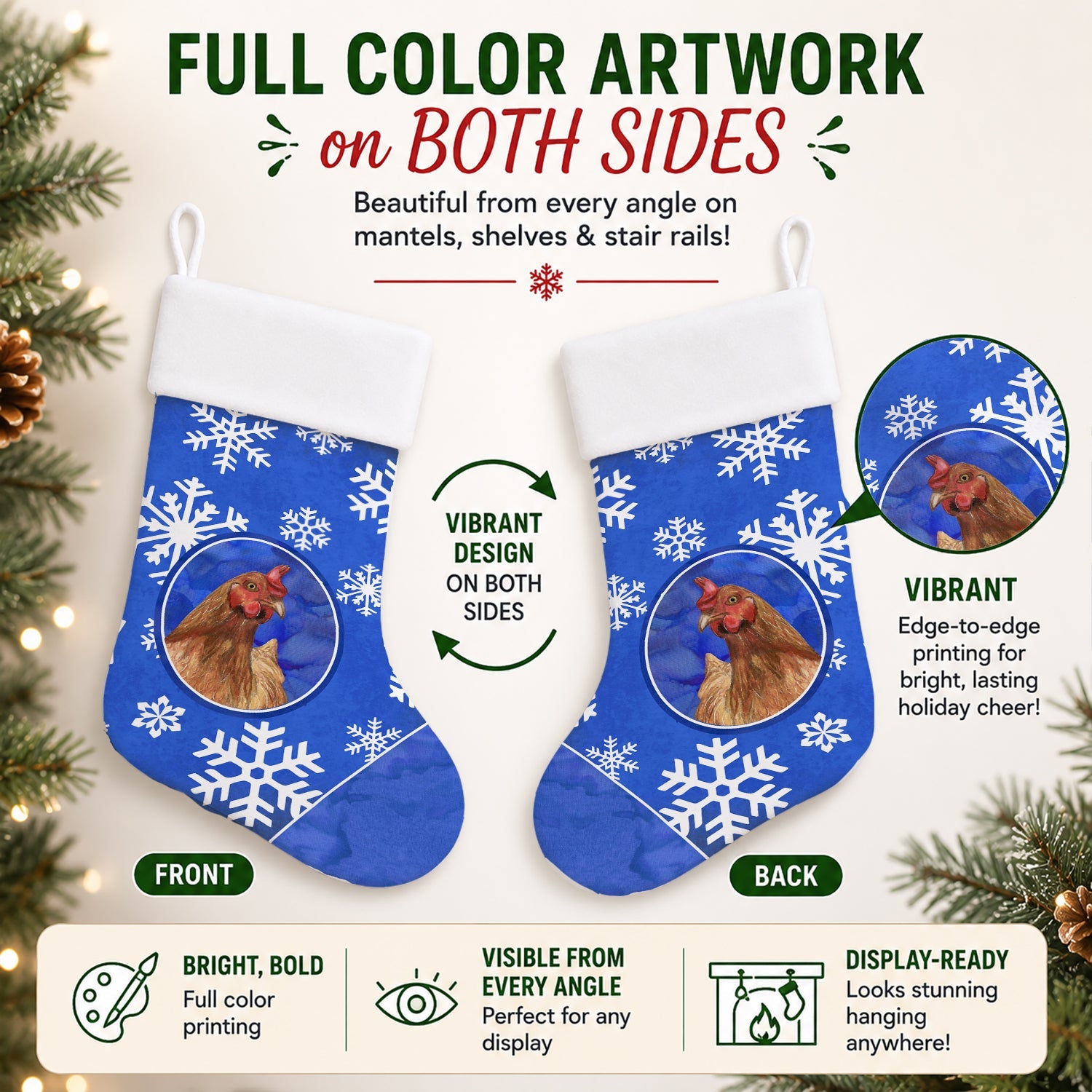 Chicken Winter Snowflakes Holiday Holiday Stocking Double-Sided Print, Polyester Suede,11x18, Made in USA