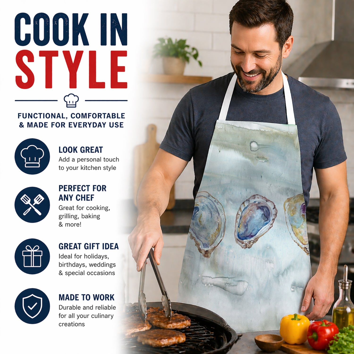 Oysters Watercolor Apron Cooking Kitchen Server Baking Crafts Gardening for Adult Women Men, Unisex, Large, Multicolor