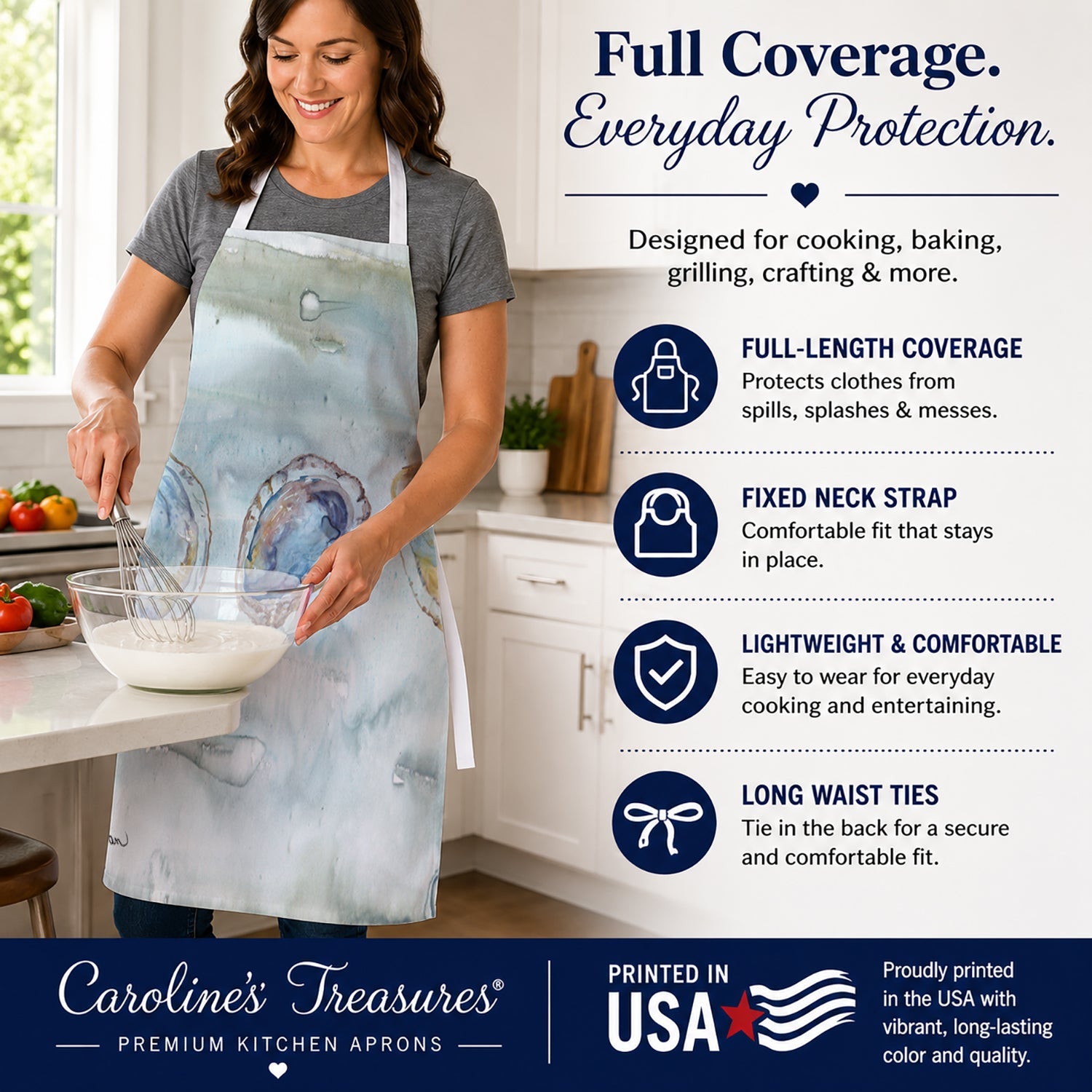 Oysters Watercolor Apron Cooking Kitchen Server Baking Crafts Gardening for Adult Women Men, Unisex, Large, Multicolor