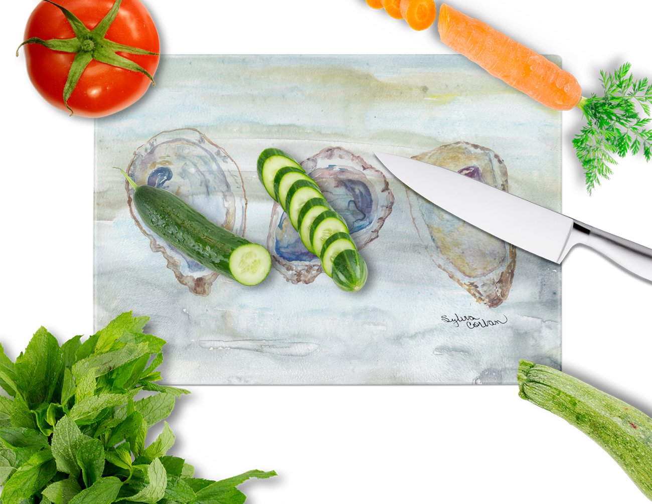 Oysters Watercolor Cutting Board Tempered Glass Kitchen Cutting Surface, Heat Resistant Chopping, Non-Slip Feet, Food Prep & Serving