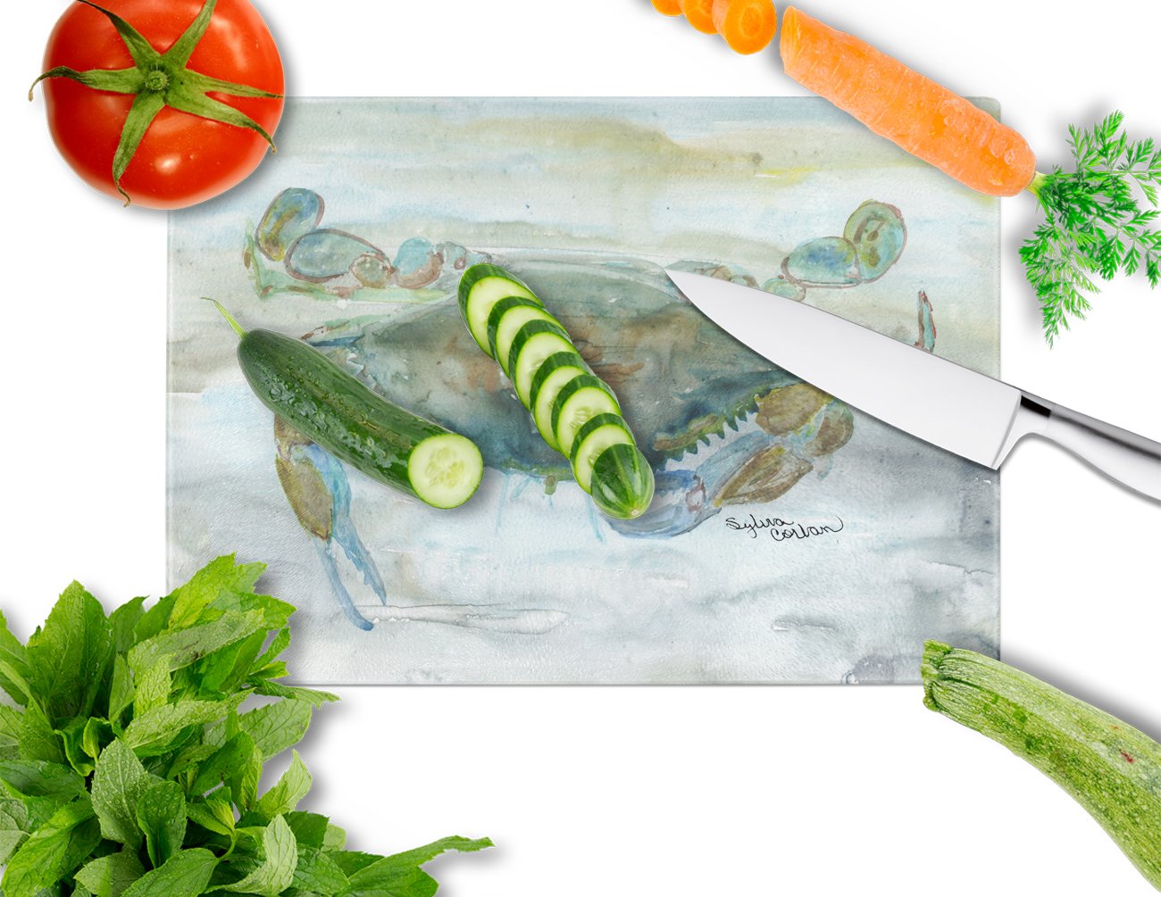 Crab a leg up Watercolor Cutting Board Tempered Glass Kitchen Cutting Surface, Heat Resistant Chopping, Non-Slip Feet, Food Prep & Serving