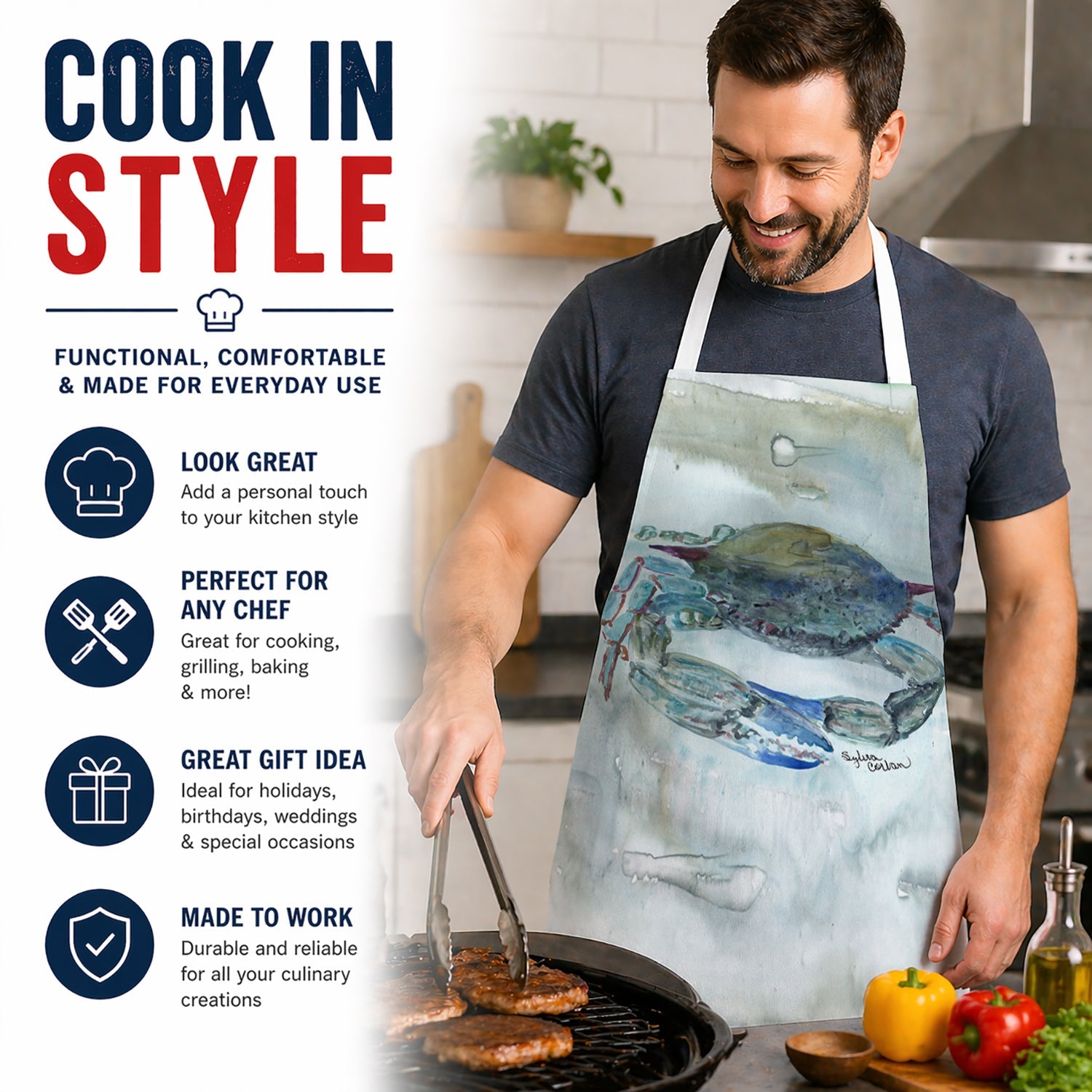 Blue Crab Watercolor Apron Cooking Kitchen Server Baking Crafts Gardening for Adult Women Men, Unisex, Large, Multicolor