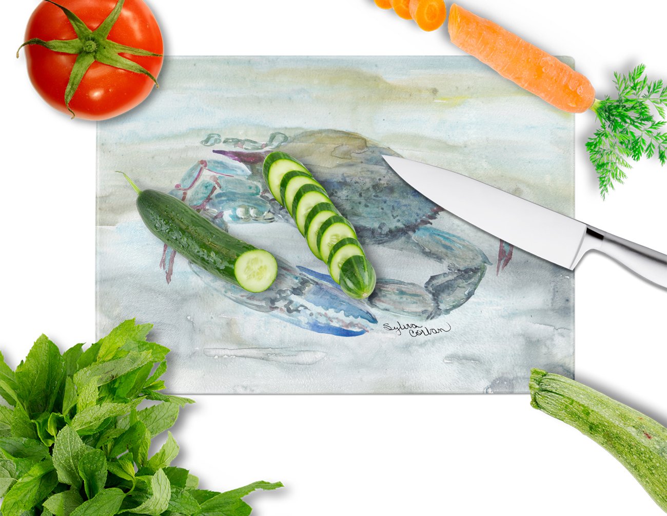 Blue Crab Watercolor Cutting Board Tempered Glass Kitchen Cutting Surface, Heat Resistant Chopping, Non-Slip Feet, Food Prep & Serving