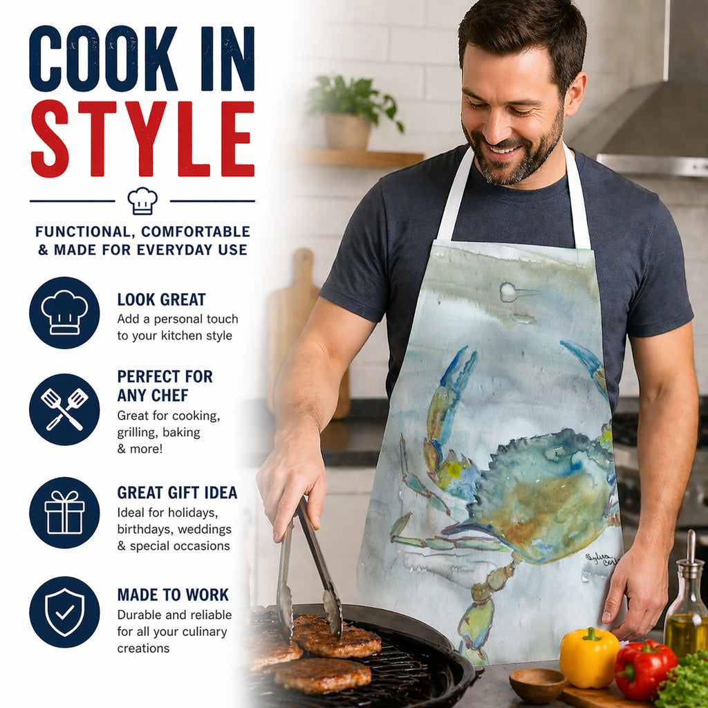 Blue Crab #2 Watercolor Apron Cooking Kitchen Server Baking Crafts Gardening for Adult Women Men, Unisex, Large, Multicolor