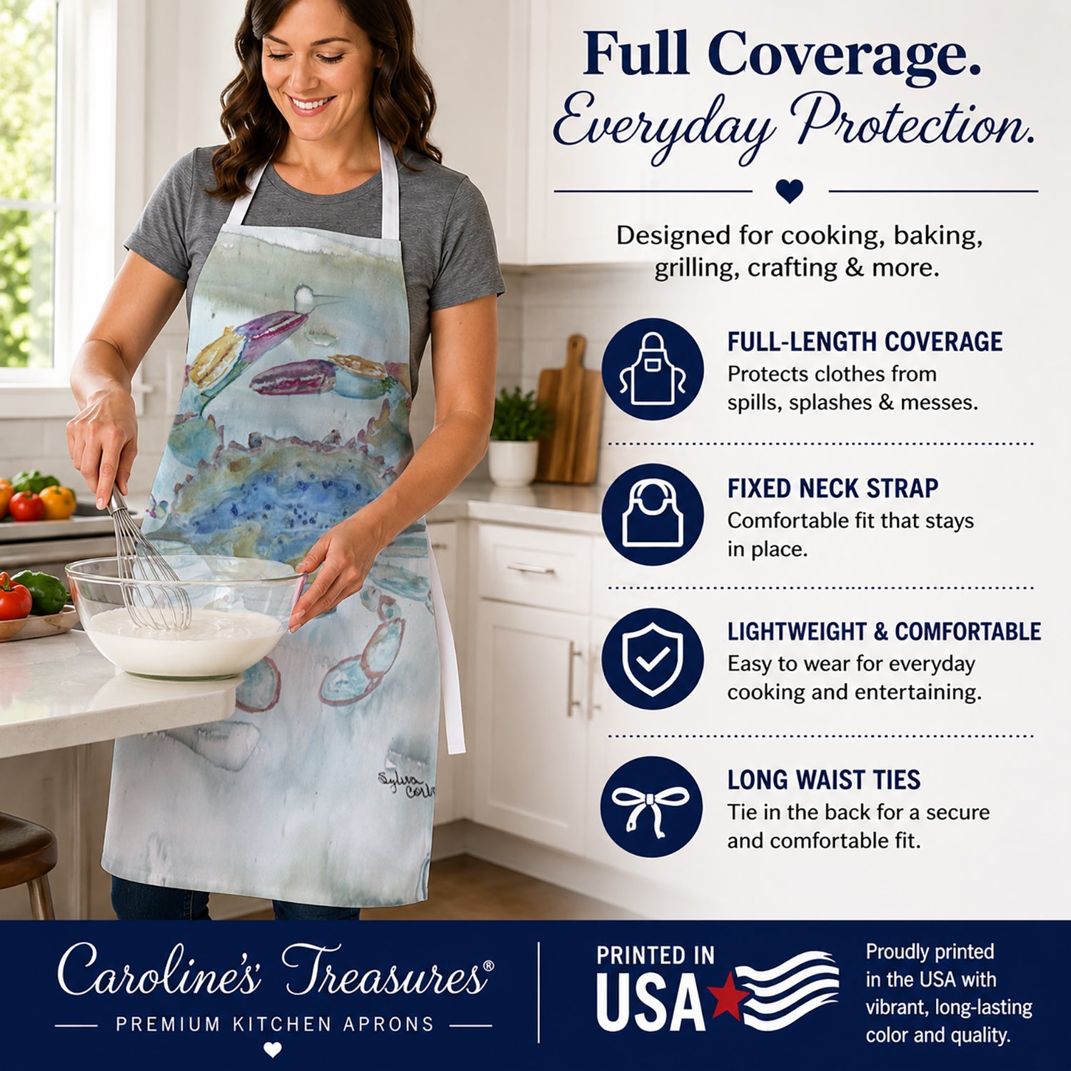 Female Blue Crab Watercolor Apron Cooking Kitchen Server Baking Crafts Gardening for Adult Women Men, Unisex, Large, Multicolor