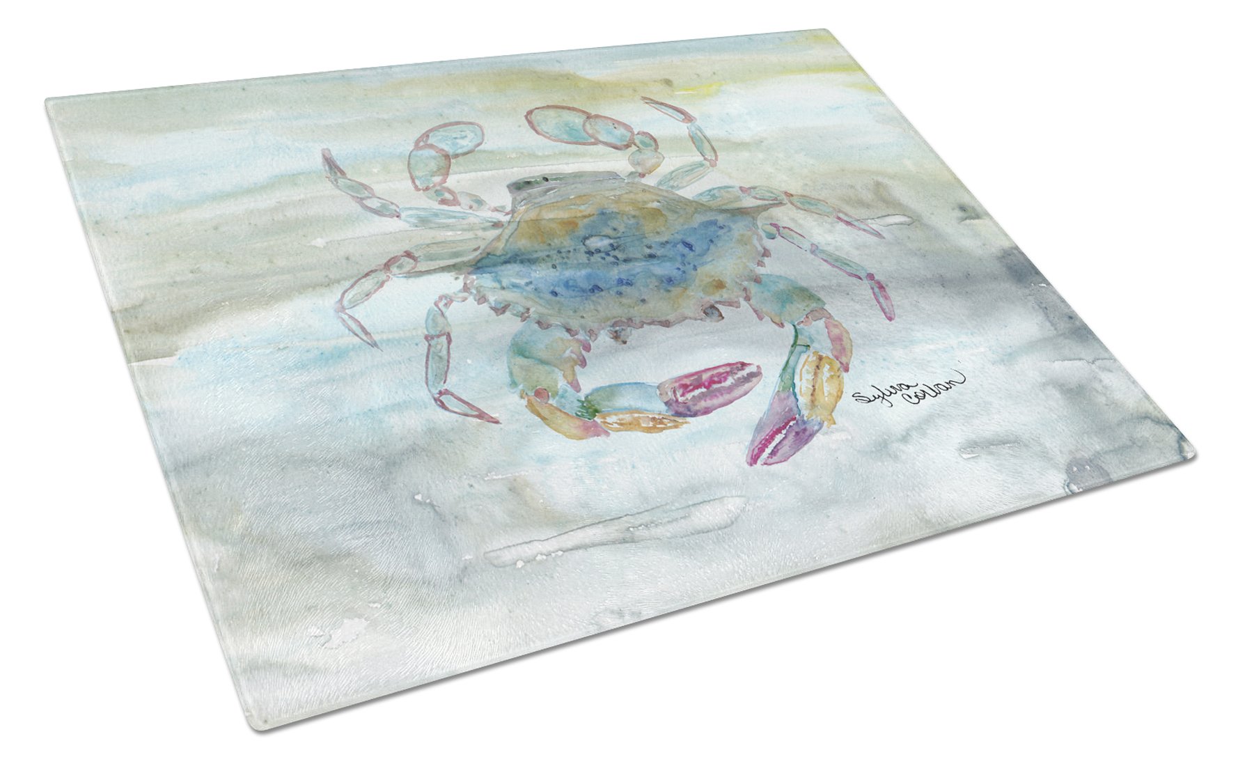 Female Blue Crab Watercolor Cutting Board Tempered Glass Kitchen Cutting Surface, Heat Resistant Chopping, Non-Slip Feet, Food Prep & Serving