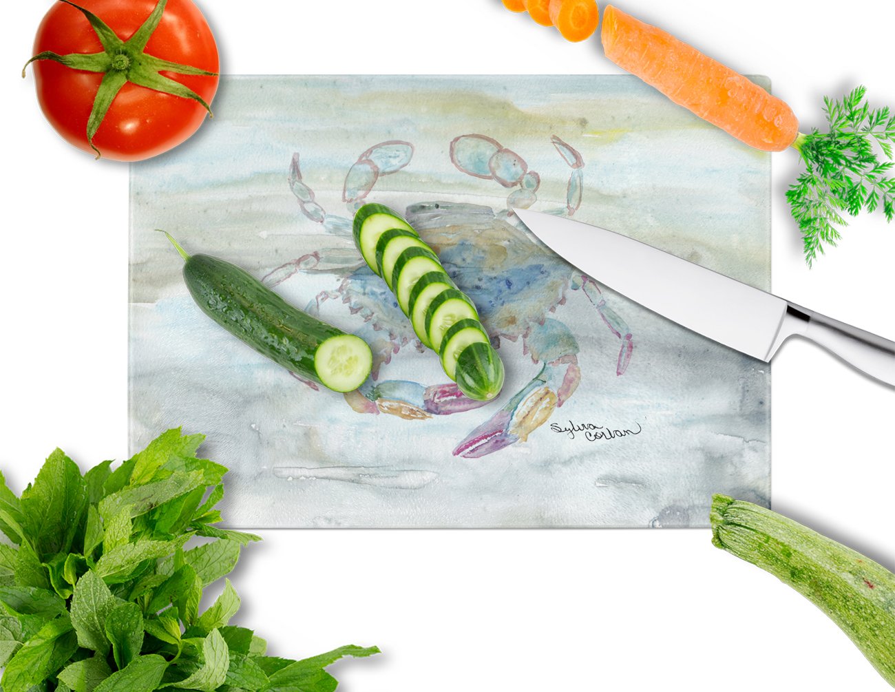 Female Blue Crab Watercolor Cutting Board Tempered Glass Kitchen Cutting Surface, Heat Resistant Chopping, Non-Slip Feet, Food Prep & Serving