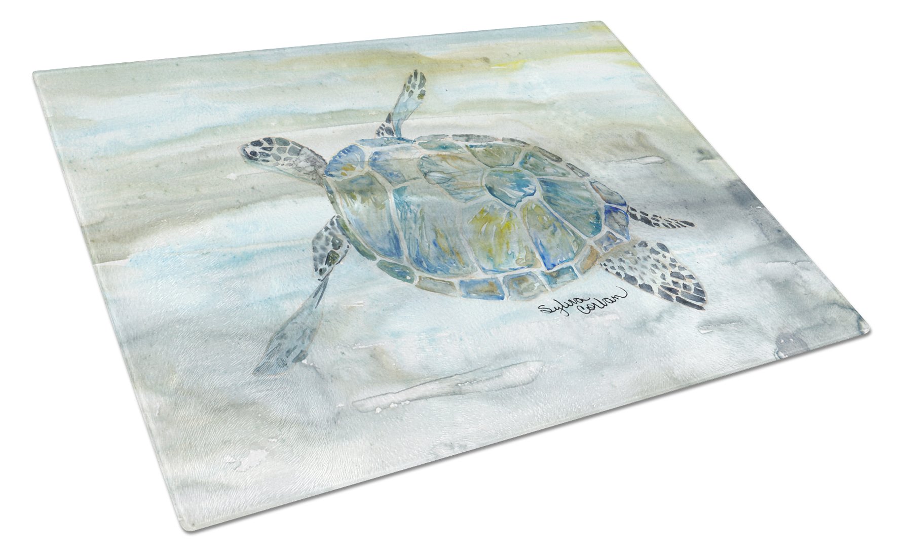 Sea Turtle Watercolor Cutting Board Tempered Glass Kitchen Cutting Surface, Heat Resistant Chopping, Non-Slip Feet, Food Prep & Serving