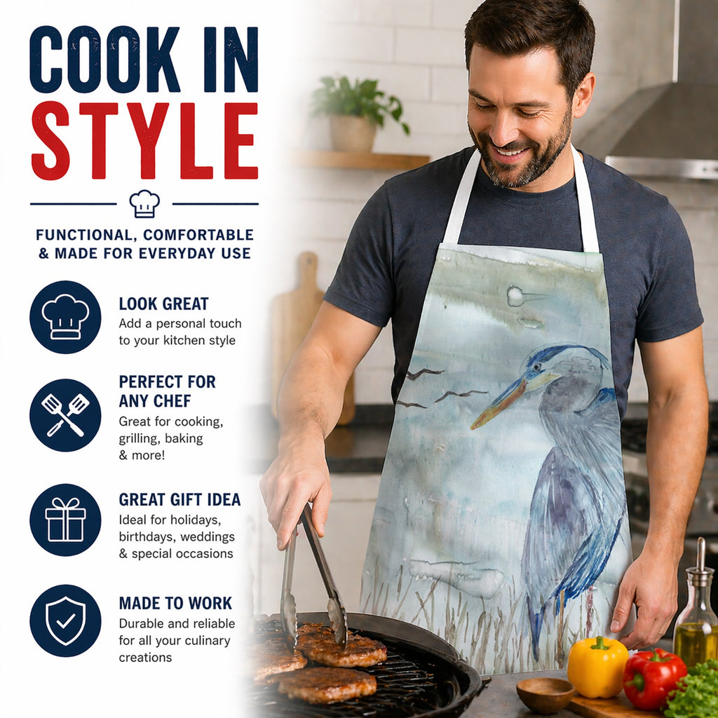 Blue Heron Watercolor Apron Cooking Kitchen Server Baking Crafts Gardening for Adult Women Men, Unisex, Large, Multicolor
