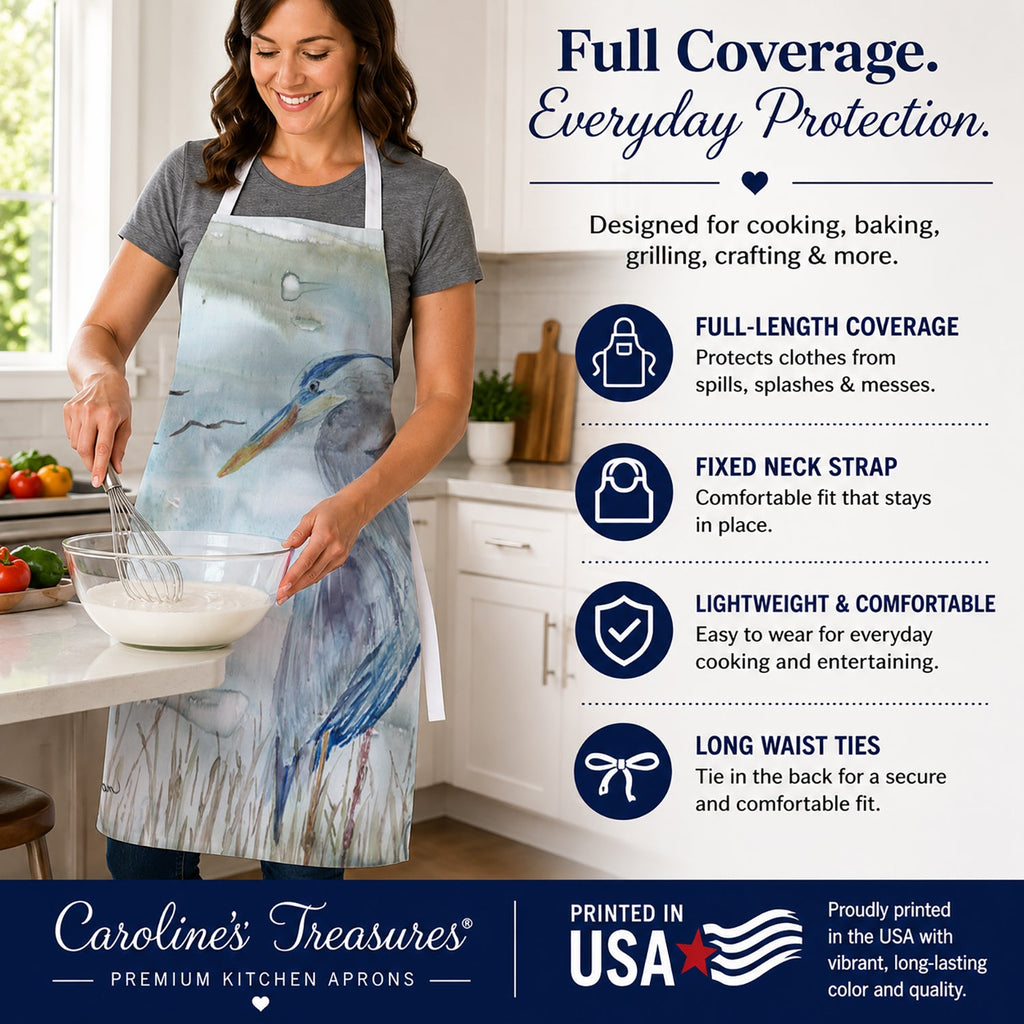 Blue Heron Watercolor Apron Cooking Kitchen Server Baking Crafts Gardening for Adult Women Men, Unisex, Large, Multicolor