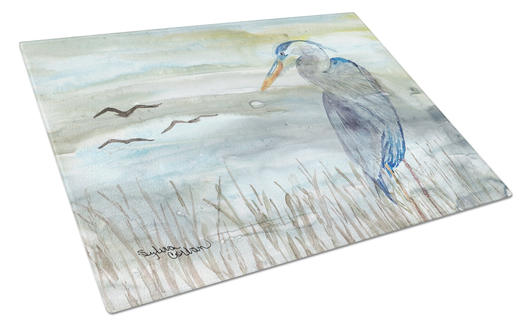Blue Heron Watercolor Cutting Board Tempered Glass Kitchen Cutting Surface, Heat Resistant Chopping, Non-Slip Feet, Food Prep & Serving