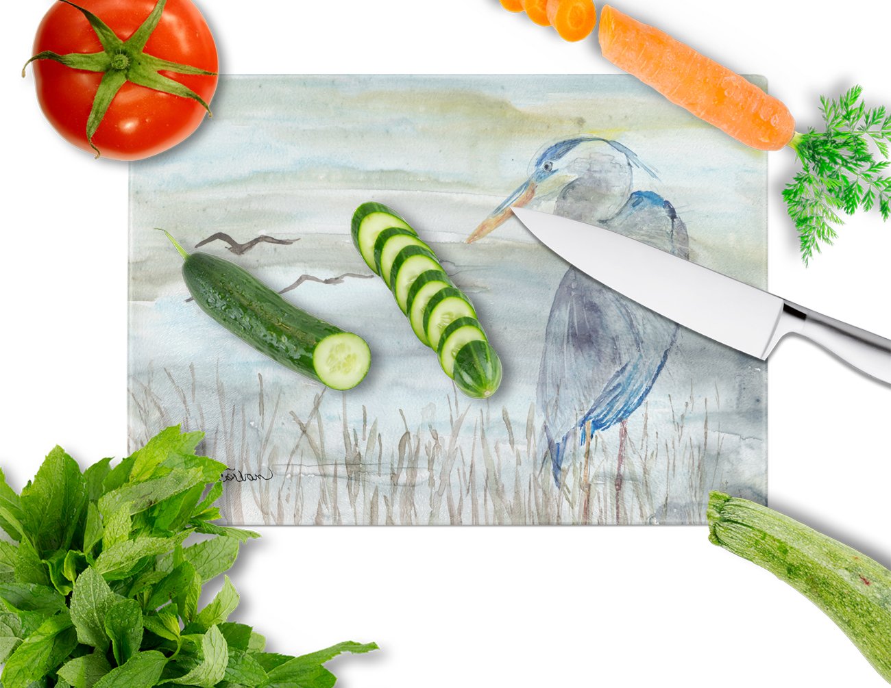 Blue Heron Watercolor Cutting Board Tempered Glass Kitchen Cutting Surface, Heat Resistant Chopping, Non-Slip Feet, Food Prep & Serving