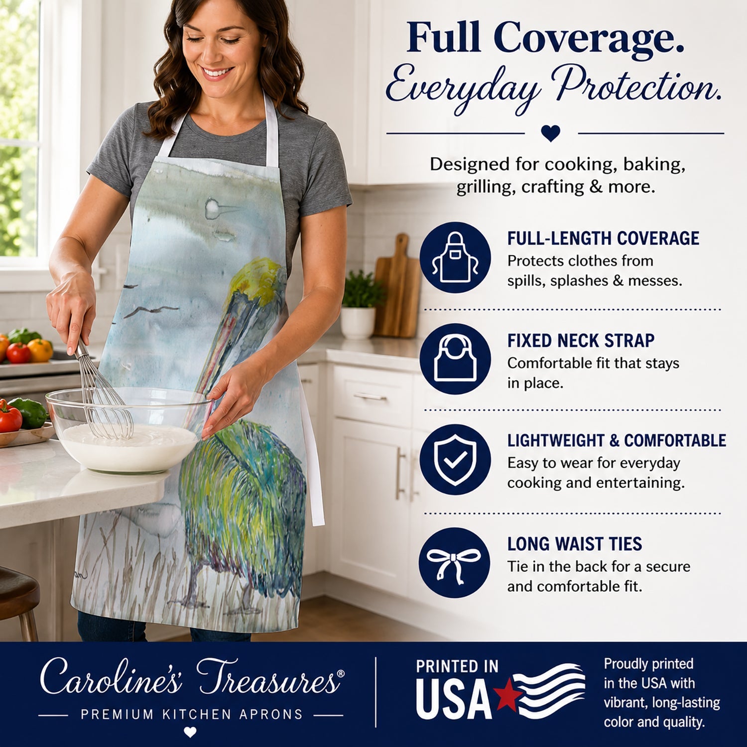 Pelican Watercolor Apron Cooking Kitchen Server Baking Crafts Gardening for Adult Women Men, Unisex, Large, Multicolor