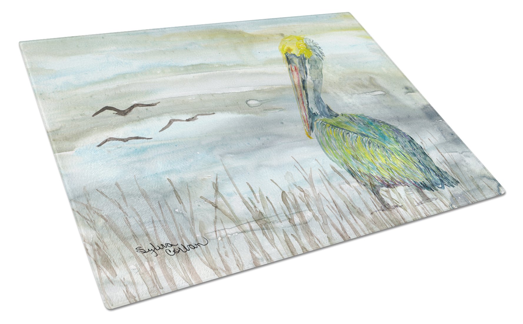 Pelican Watercolor Cutting Board Tempered Glass Kitchen Cutting Surface, Heat Resistant Chopping, Non-Slip Feet, Food Prep & Serving