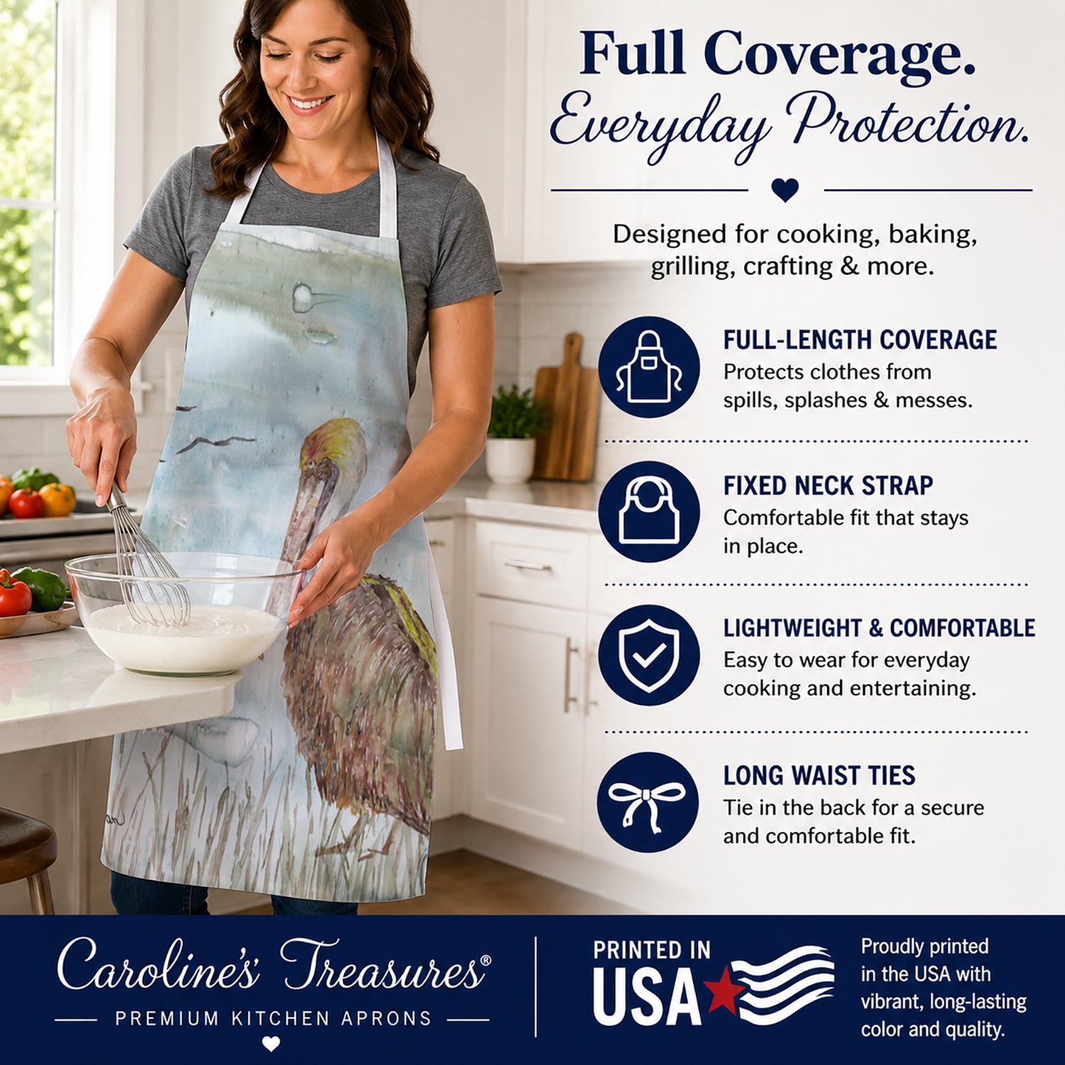 Brown Pelican Watercolor Apron Cooking Kitchen Server Baking Crafts Gardening for Adult Women Men, Unisex, Large, Multicolor