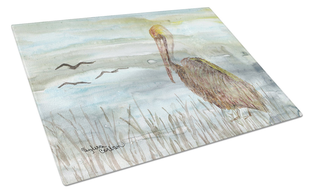 Brown Pelican Watercolor Cutting Board Tempered Glass Kitchen Cutting Surface, Heat Resistant Chopping, Non-Slip Feet, Food Prep & Serving