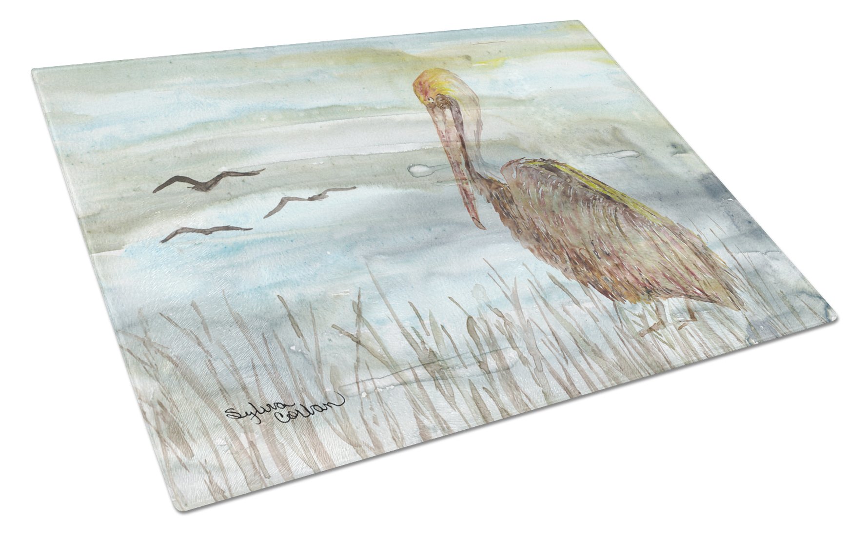 Brown Pelican Watercolor Cutting Board Tempered Glass Kitchen Cutting Surface, Heat Resistant Chopping, Non-Slip Feet, Food Prep & Serving