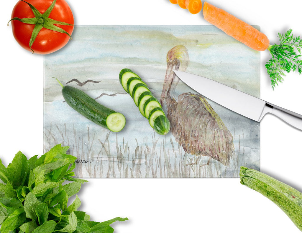 Brown Pelican Watercolor Cutting Board Tempered Glass Kitchen Cutting Surface, Heat Resistant Chopping, Non-Slip Feet, Food Prep & Serving