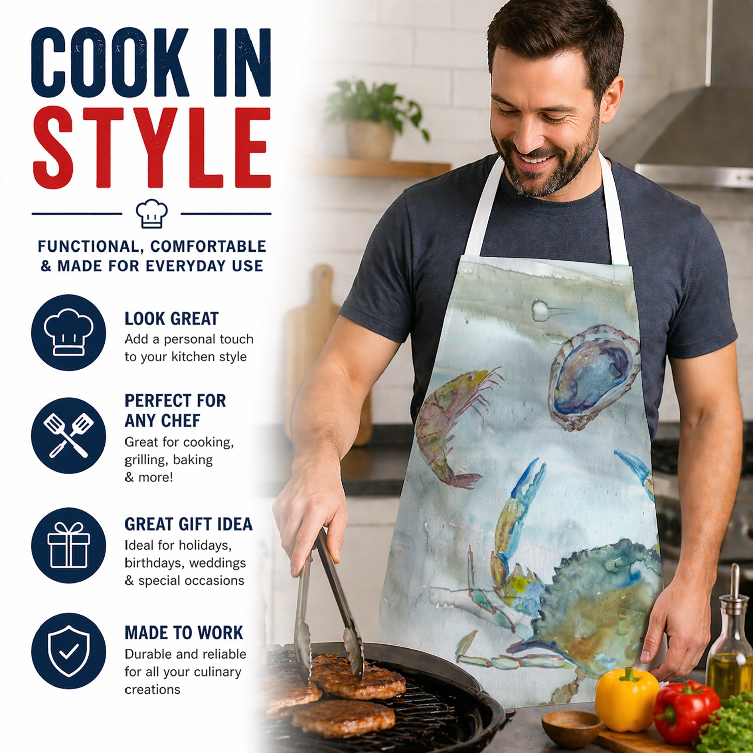 Crab, Shrimp and Oyster Watercolor Apron Cooking Kitchen Server Baking Crafts Gardening for Adult Women Men, Unisex, Large, Multicolor