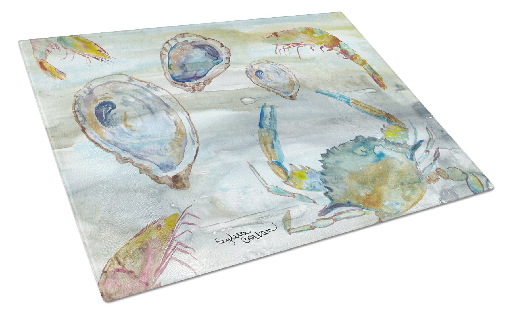 Crab, Shrimp and Oyster Watercolor Cutting Board Tempered Glass Kitchen Cutting Surface, Heat Resistant Chopping, Non-Slip Feet, Food Prep & Serving