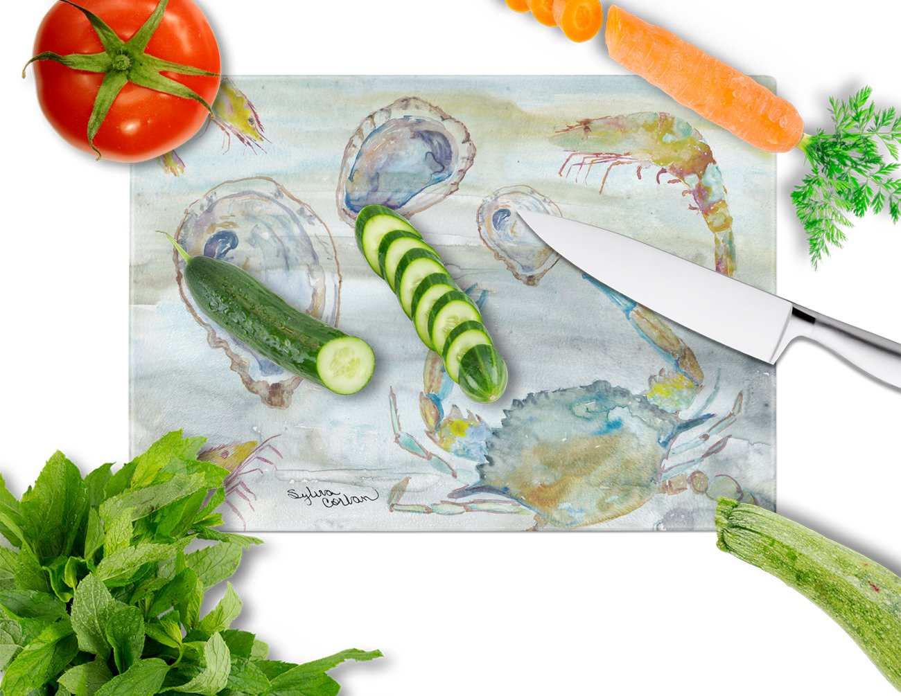 Crab, Shrimp and Oyster Watercolor Cutting Board Tempered Glass Kitchen Cutting Surface, Heat Resistant Chopping, Non-Slip Feet, Food Prep & Serving