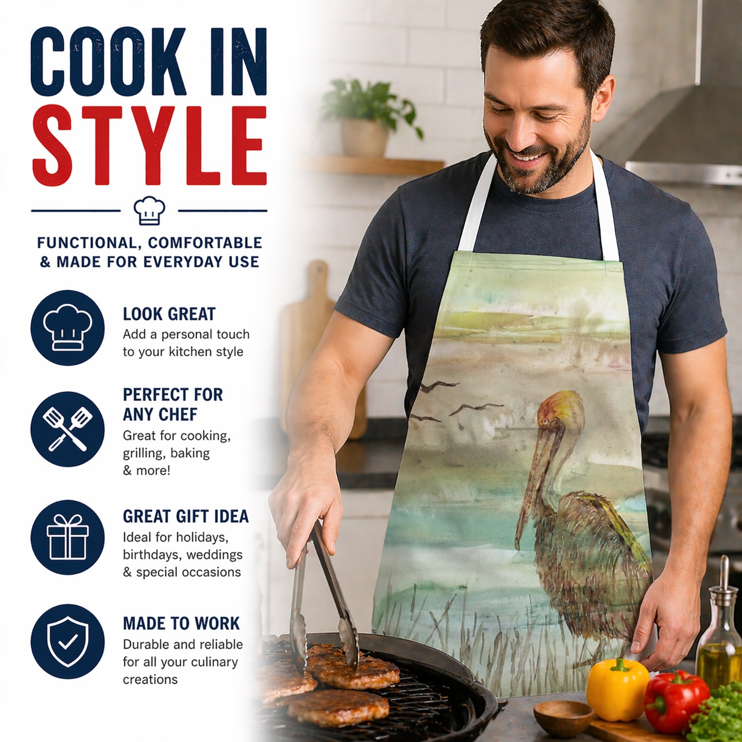 Brown Pelican Sunset Apron Cooking Kitchen Server Baking Crafts Gardening for Adult Women Men, Unisex, Large, Multicolor