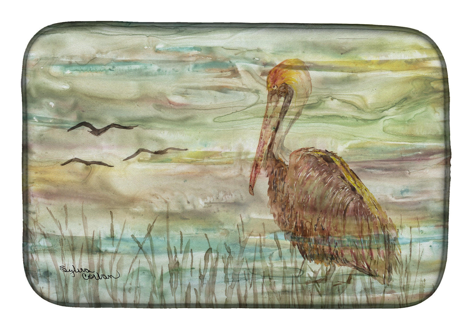 Brown Pelican Sunset Dish Drying Mat Absorbent Dish Drying Mat Pad for Kitchen Counter Dish Drainer Mat for Countertop, 14 x 21", Multicolor