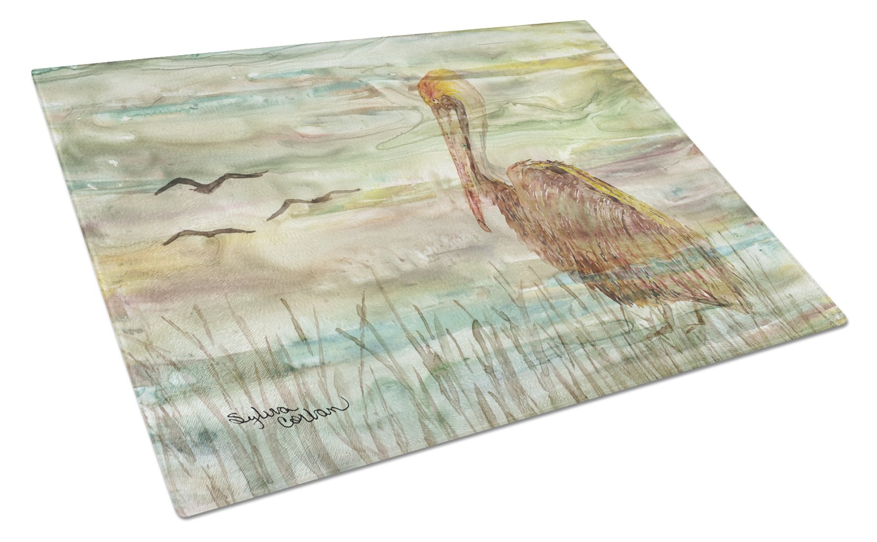 Brown Pelican Sunset Cutting Board Tempered Glass Kitchen Cutting Surface, Heat Resistant Chopping, Non-Slip Feet, Food Prep & Serving