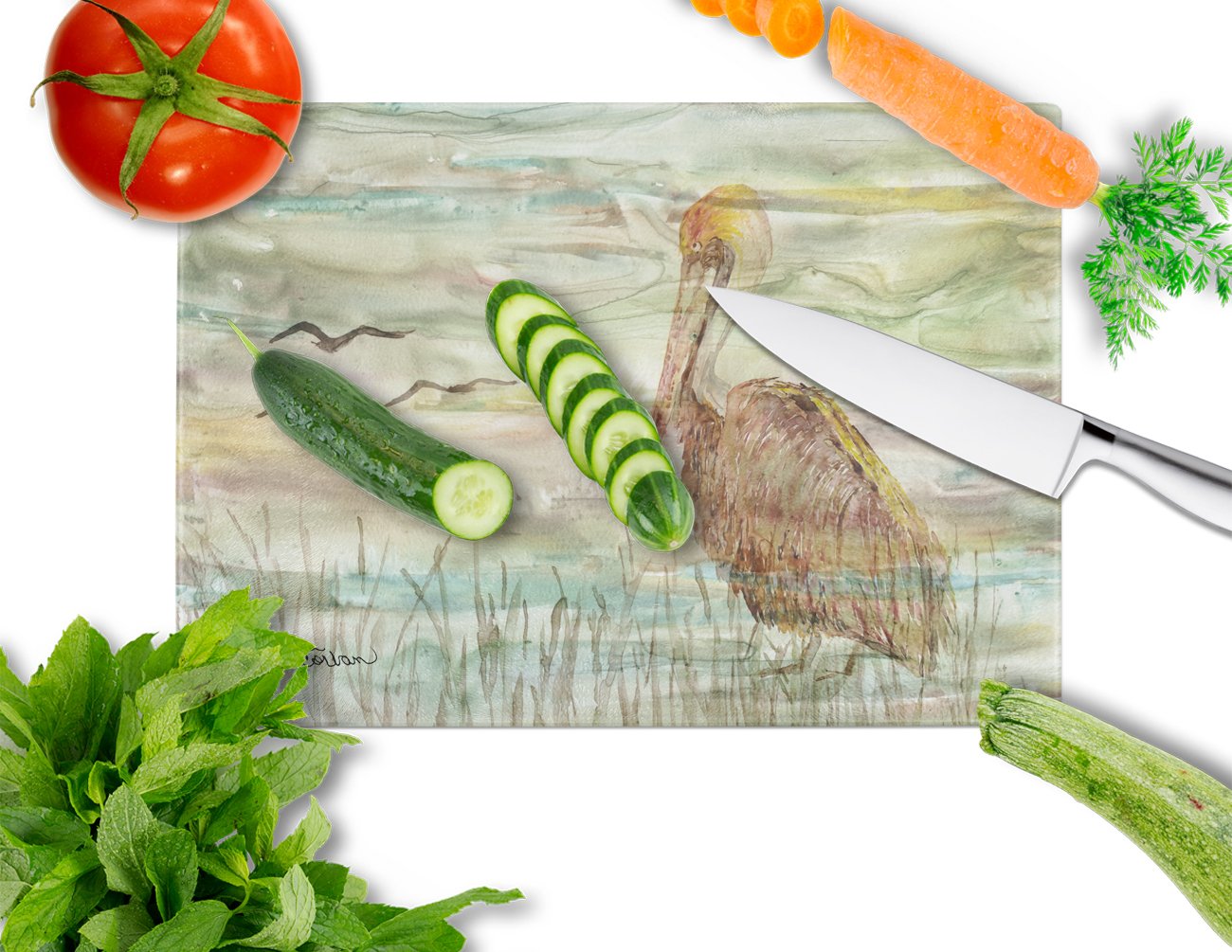 Brown Pelican Sunset Cutting Board Tempered Glass Kitchen Cutting Surface, Heat Resistant Chopping, Non-Slip Feet, Food Prep & Serving
