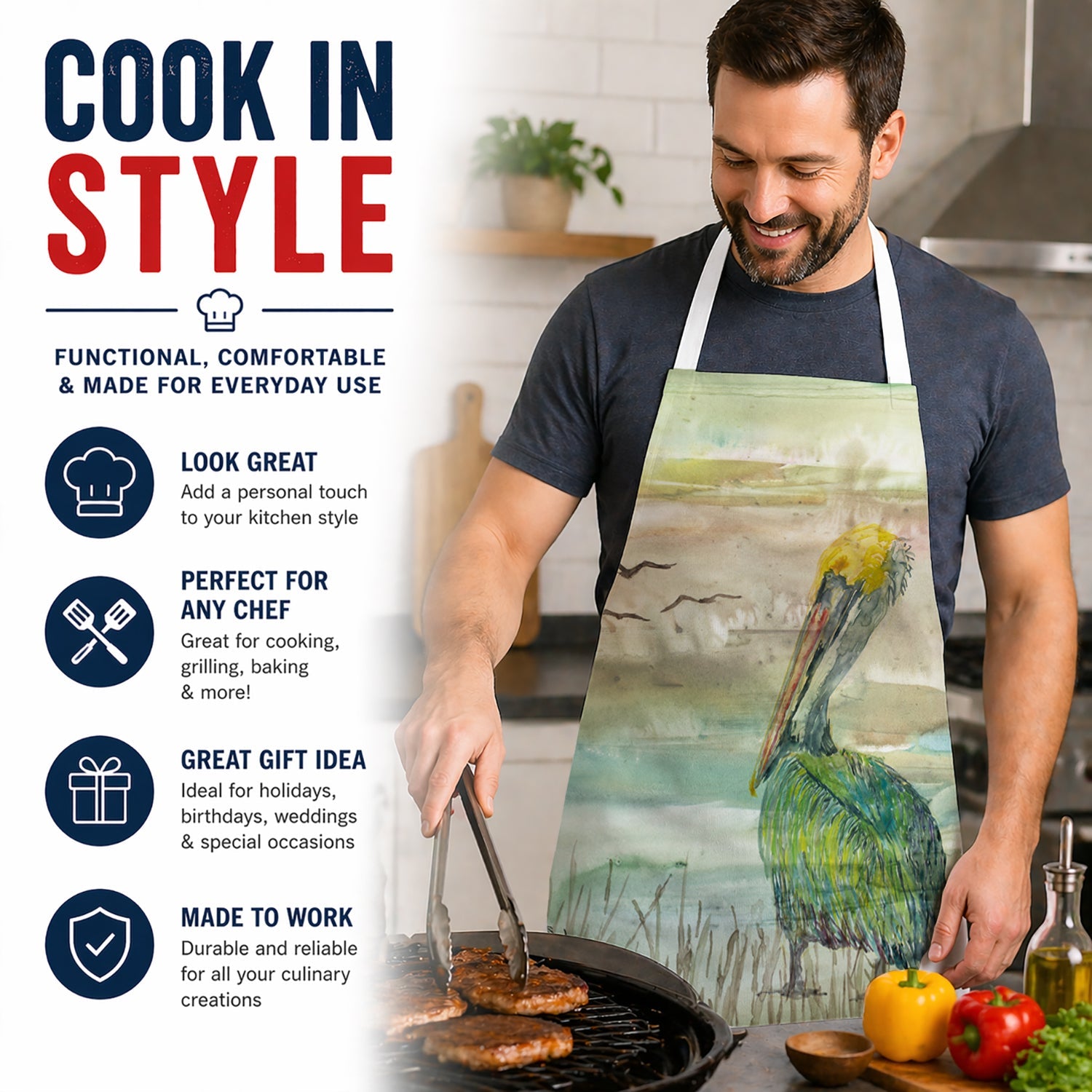 Pelican Sunset Apron Cooking Kitchen Server Baking Crafts Gardening for Adult Women Men, Unisex, Large, Multicolor