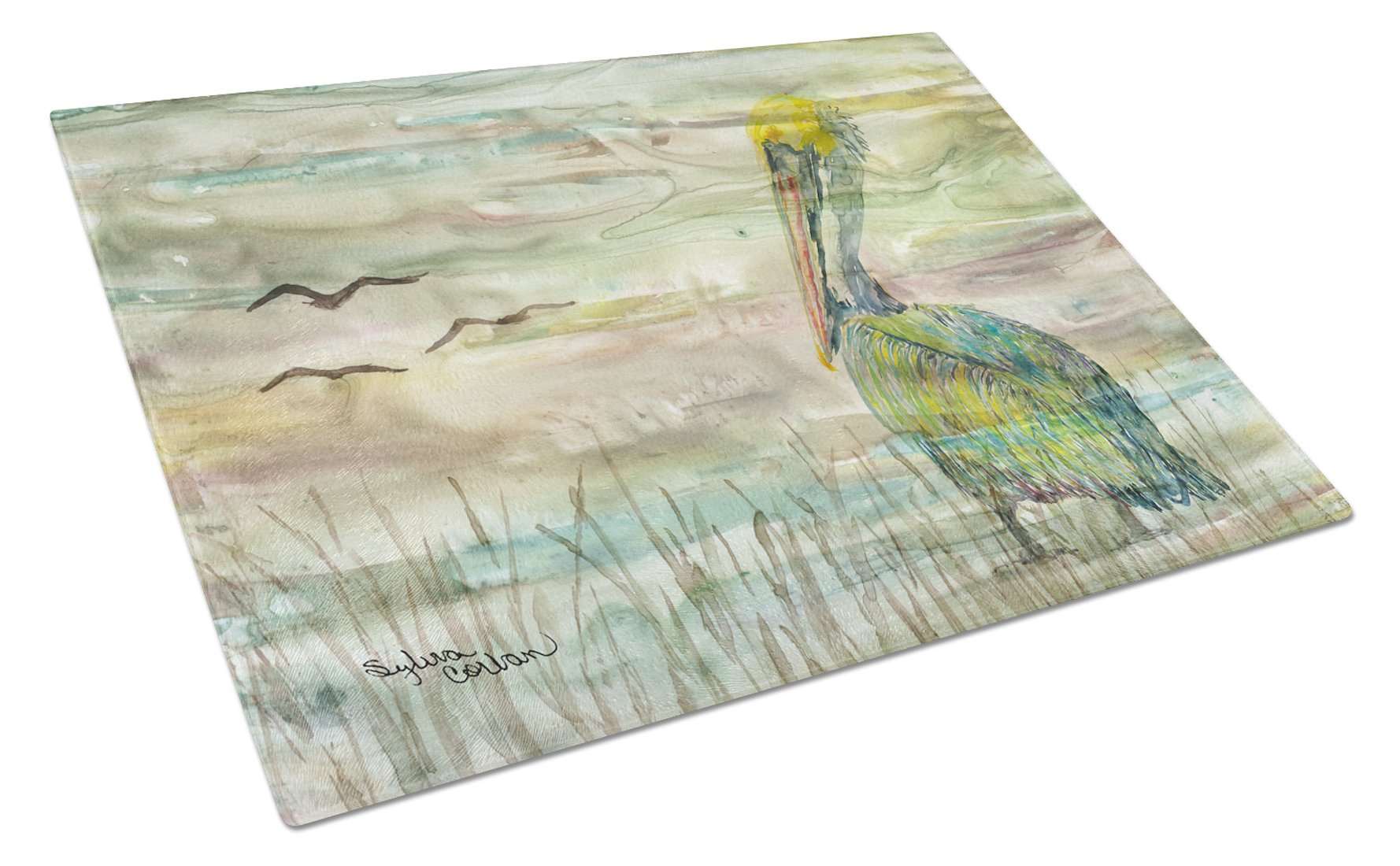 Pelican Sunset Cutting Board Tempered Glass Kitchen Cutting Surface, Heat Resistant Chopping, Non-Slip Feet, Food Prep & Serving
