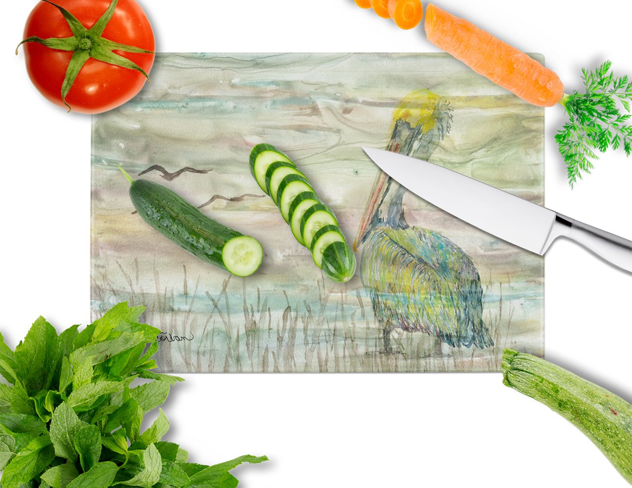 Pelican Sunset Cutting Board Tempered Glass Kitchen Cutting Surface, Heat Resistant Chopping, Non-Slip Feet, Food Prep & Serving