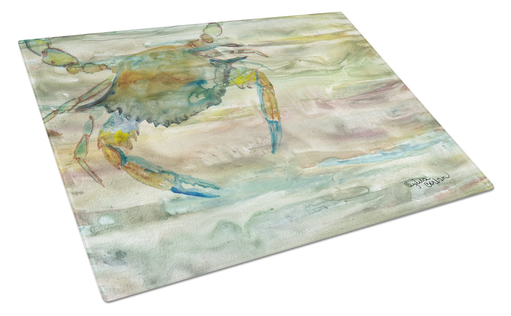 Blue Crab Sunset Cutting Board Tempered Glass Kitchen Cutting Surface, Heat Resistant Chopping, Non-Slip Feet, Food Prep & Serving