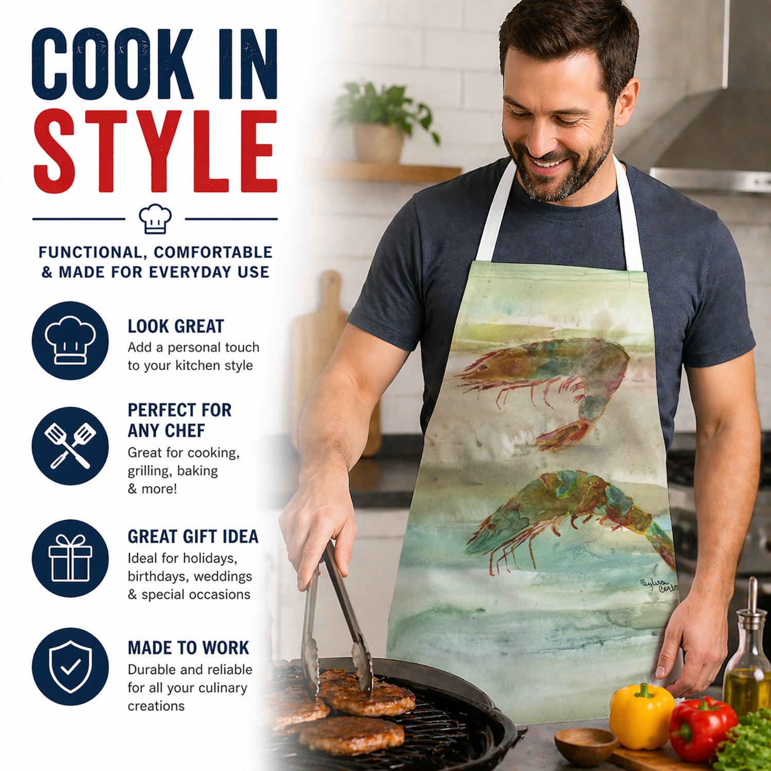 Shrimp Sunset Apron Cooking Kitchen Server Baking Crafts Gardening for Adult Women Men, Unisex, Large, Multicolor