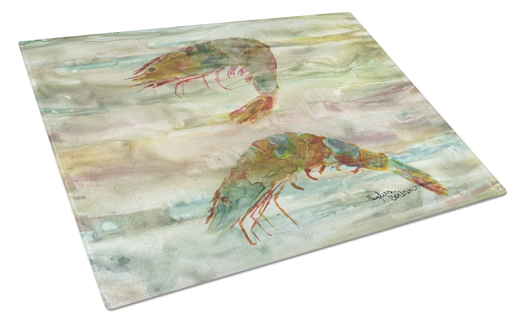 Shrimp Sunset Cutting Board Tempered Glass Kitchen Cutting Surface, Heat Resistant Chopping, Non-Slip Feet, Food Prep & Serving