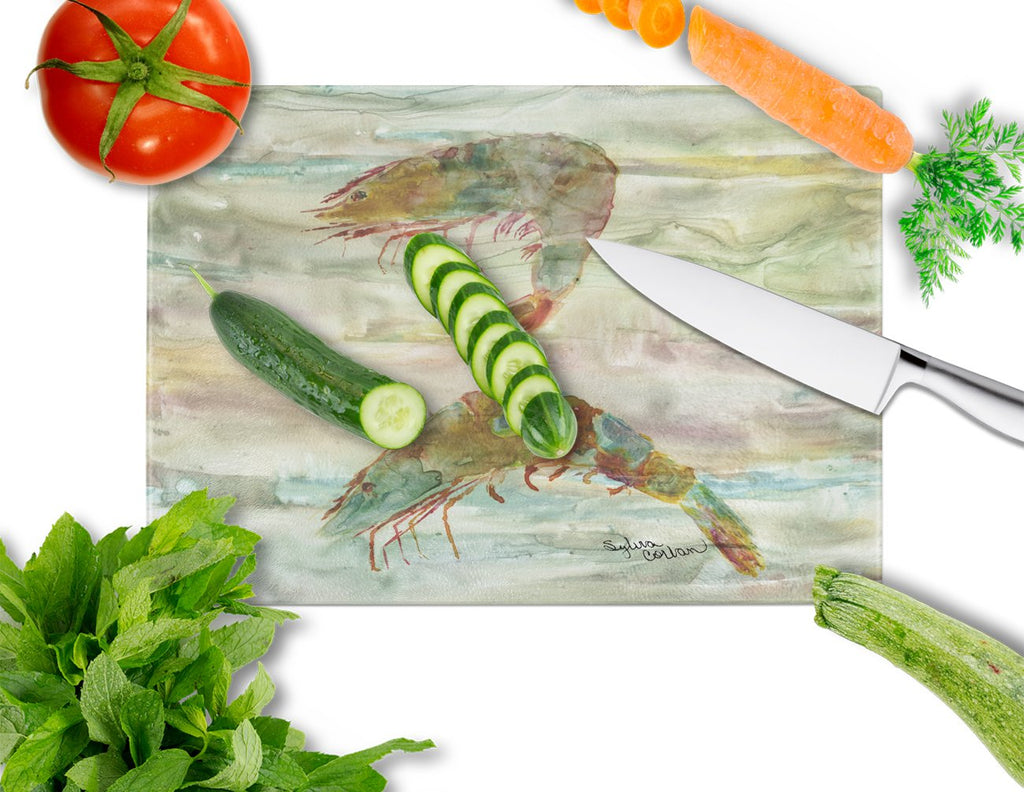 Shrimp Sunset Cutting Board Tempered Glass Kitchen Cutting Surface, Heat Resistant Chopping, Non-Slip Feet, Food Prep & Serving
