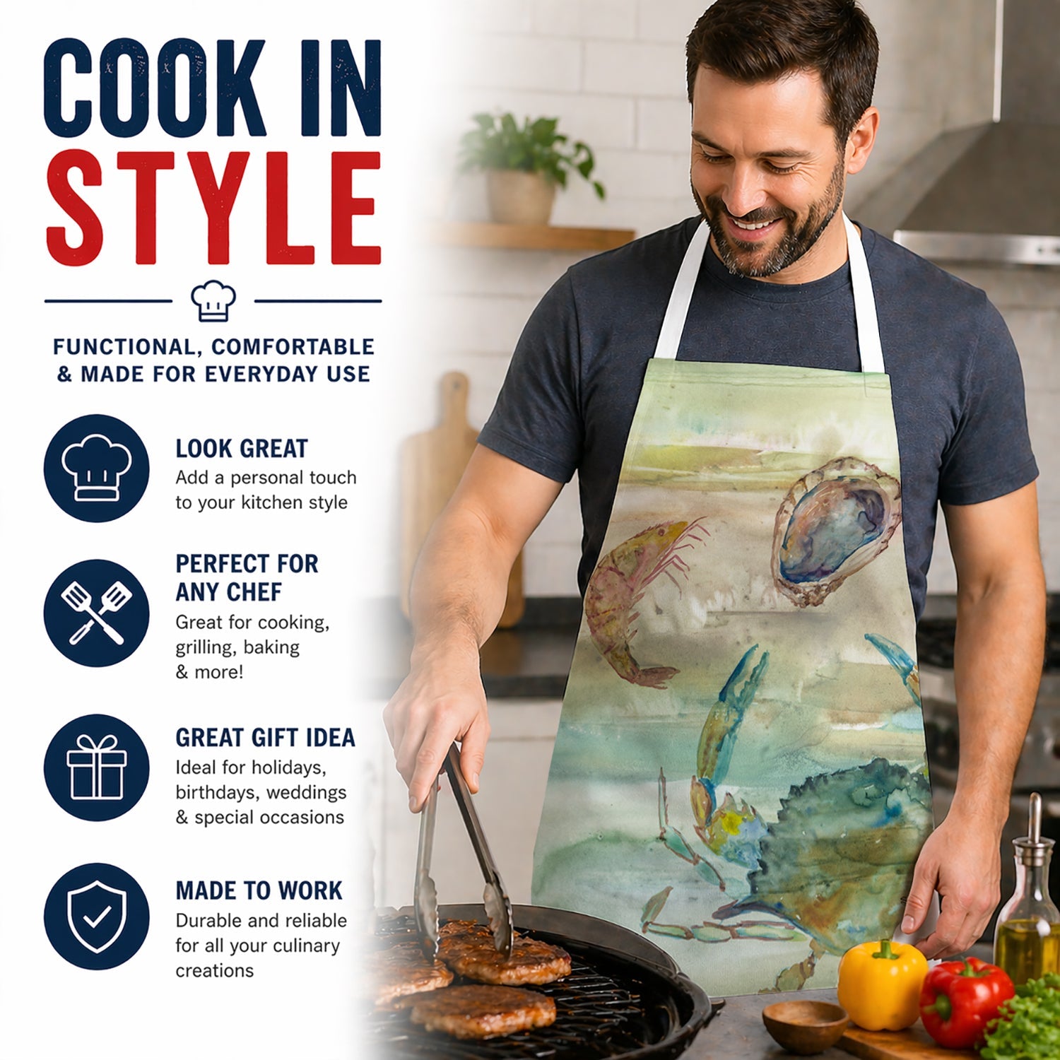 Crab, Shrimp and Oyster Sunset Apron Cooking Kitchen Server Baking Crafts Gardening for Adult Women Men, Unisex, Large, Multicolor