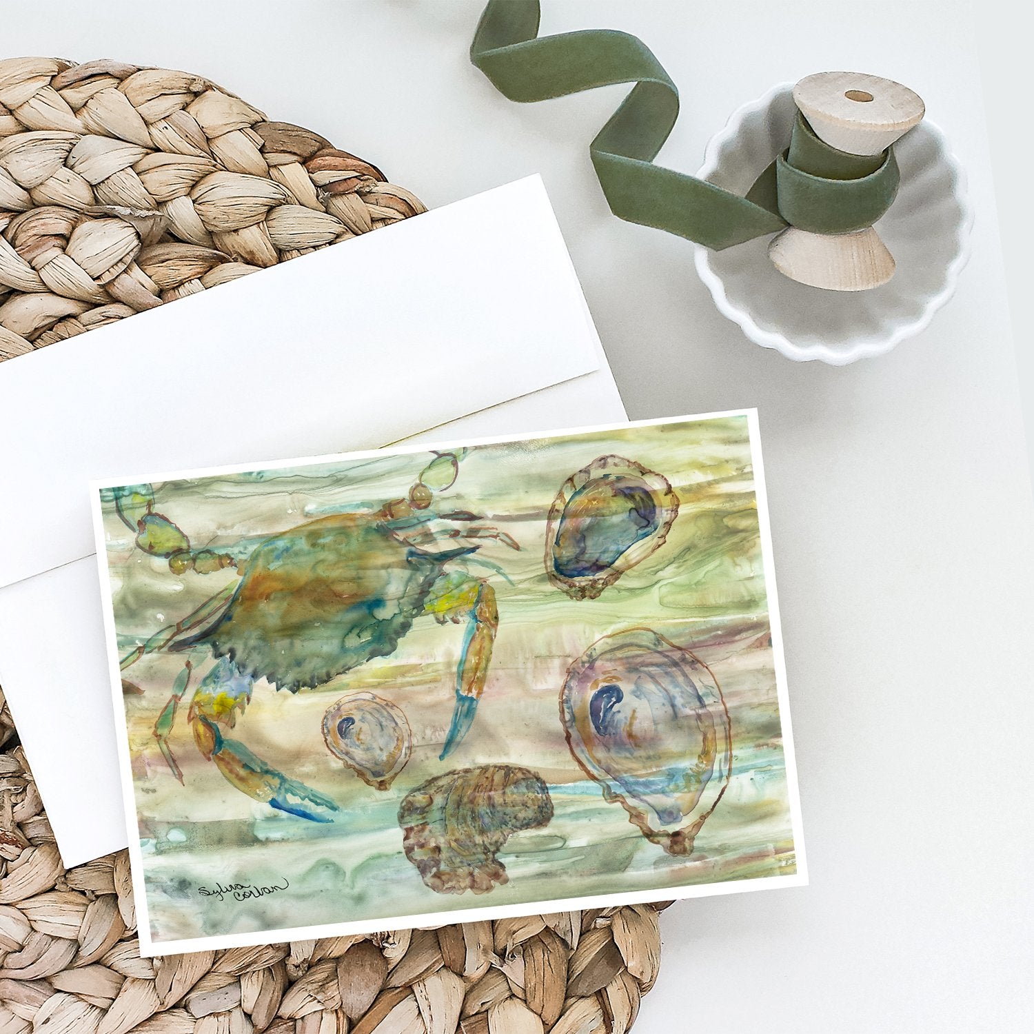 Crab, Shrimp and Oyster Sunset Greeting Cards Pack of 8 Blank Cards with Envelopes Whimsical A7 Size 5x7