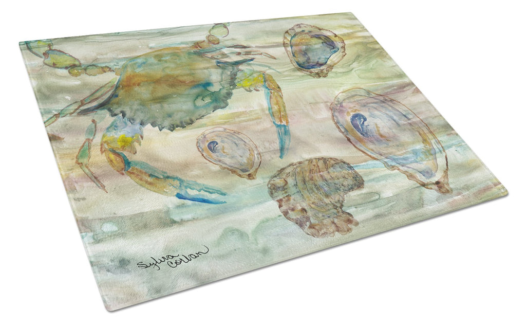 Crab, Shrimp and Oyster Sunset Cutting Board Tempered Glass Kitchen Cutting Surface, Heat Resistant Chopping, Non-Slip Feet, Food Prep & Serving