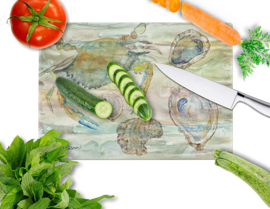 Crab, Shrimp and Oyster Sunset Cutting Board Tempered Glass Kitchen Cutting Surface, Heat Resistant Chopping, Non-Slip Feet, Food Prep & Serving